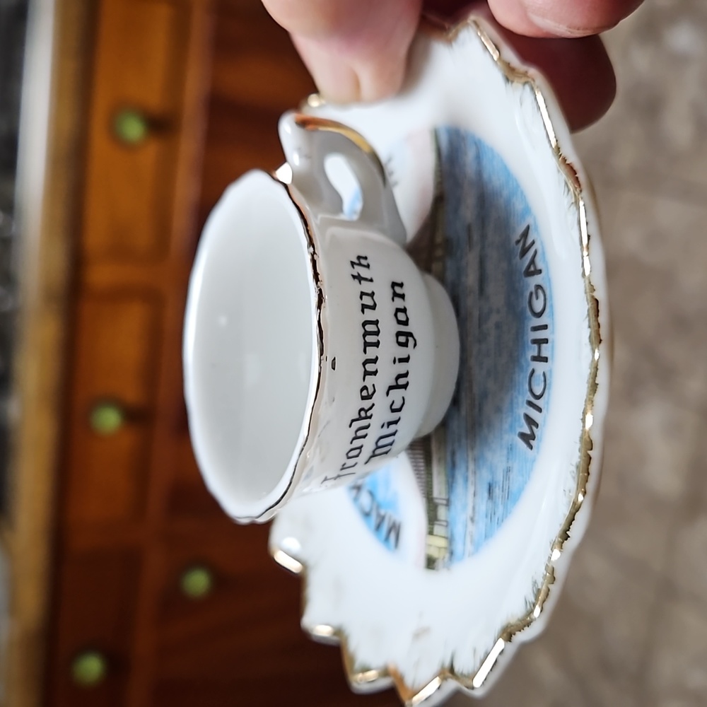 FAIRWAY Michigan Souvenir Mackinac Straits Bridge Saucer + Frankenmuth Cup - EC